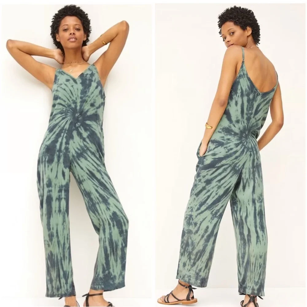 Anthropologie Cloth & Stone Green and Navy Tie Dye Jumpsuit - Picture 1 of 6